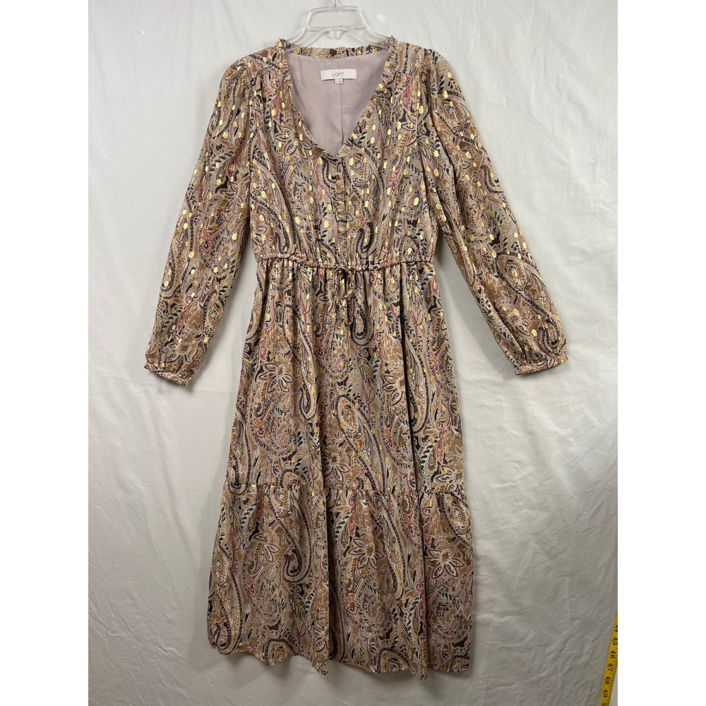 LOFT Paisley Midi Dress Women Size S Tan Gold Foil Dot Tiered Boho Long Sleeve